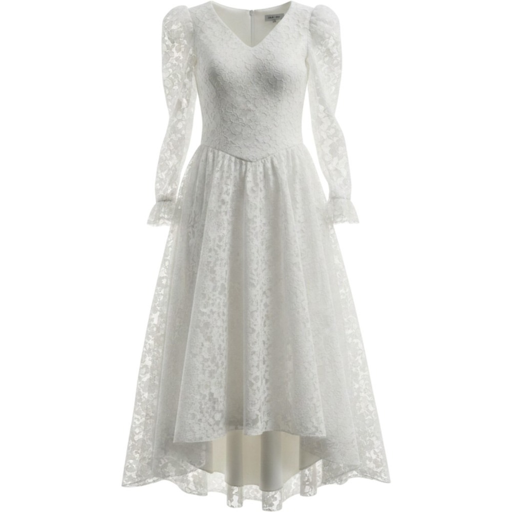 Lilia Smitty Vintage White Lace High Low‎ Gown Puff Sleeve V-Neck Dress 2171 5/6